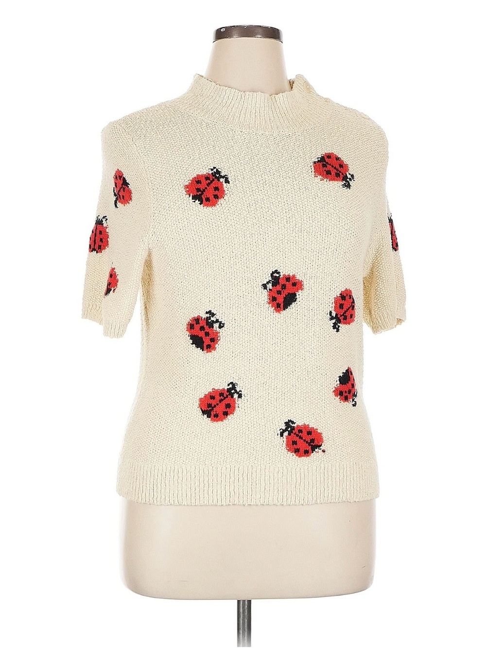 Anthropologie Maeve Rare Cream Short-Sleeve Sweater with Red Ladybug Motif XL